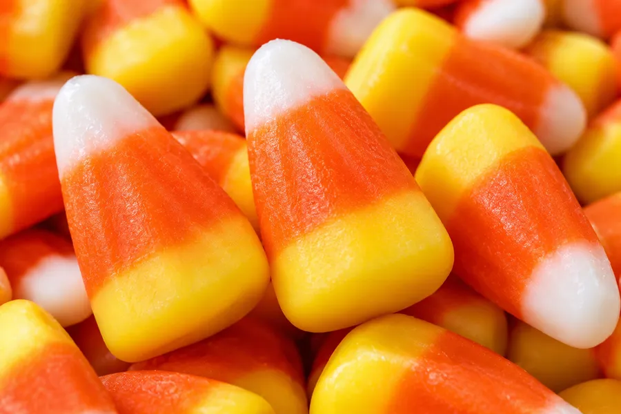 A close look at candy corn, yellow, orange and white