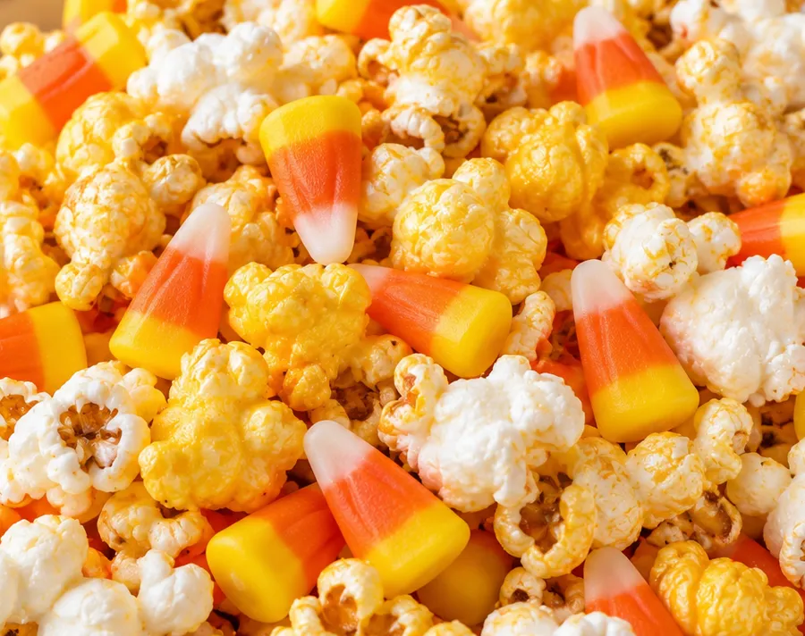 Candy corn mixed with caramel and white popcorn