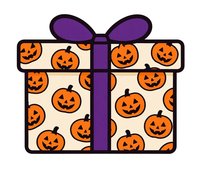Halloween Movie Night Box wrapped in jack-o-lantern paper with a purple bow