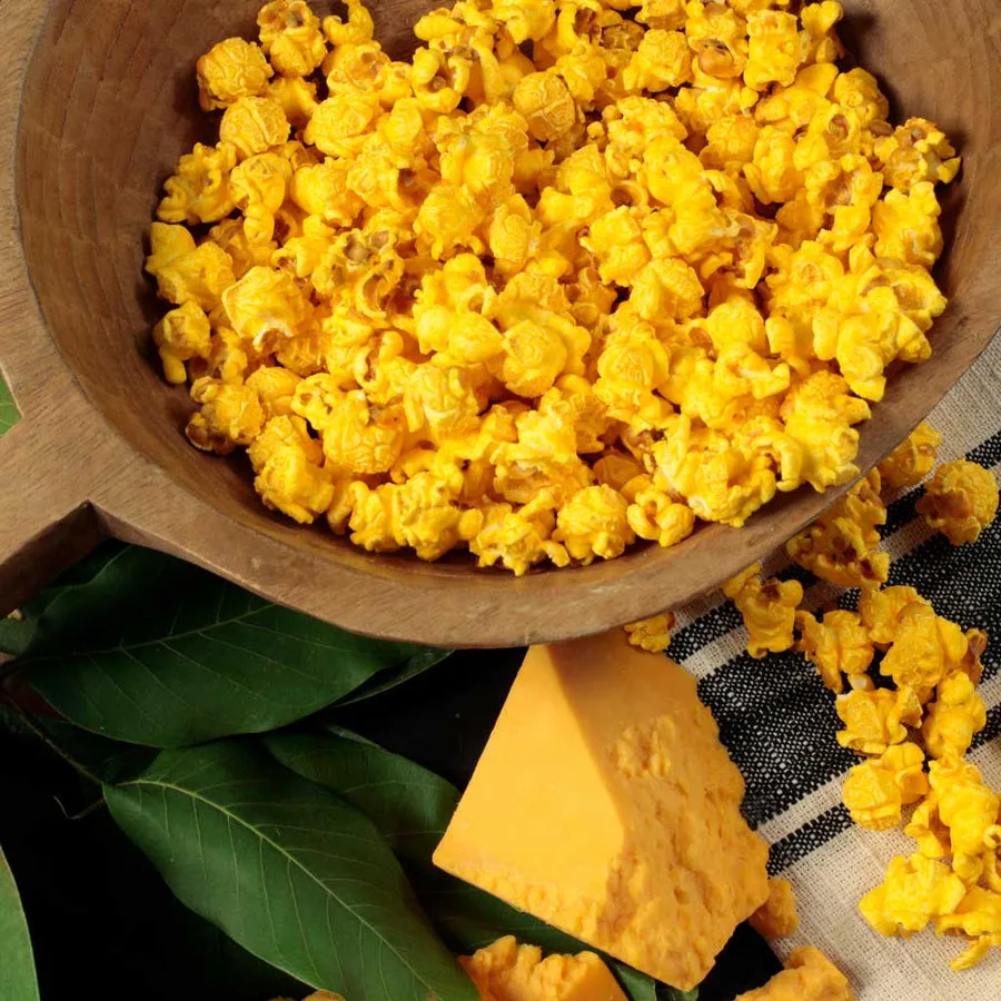 A bowl of Nibblers cheddar popcorn