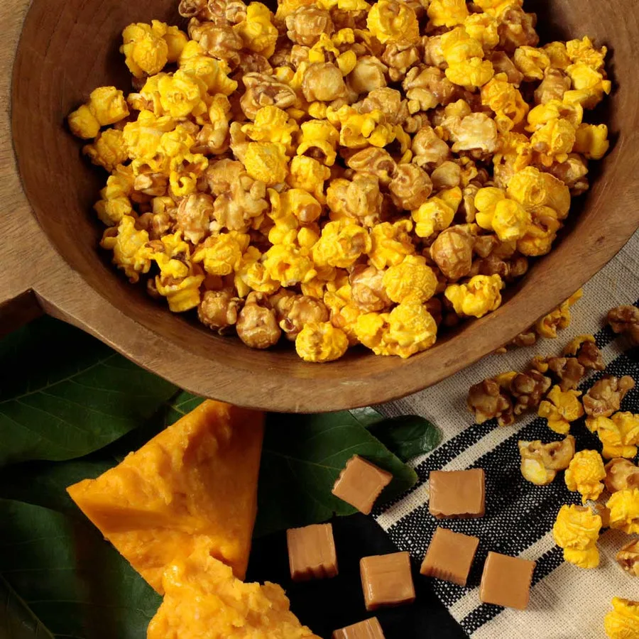 A bowl of Nibblers chicago mix popcorn