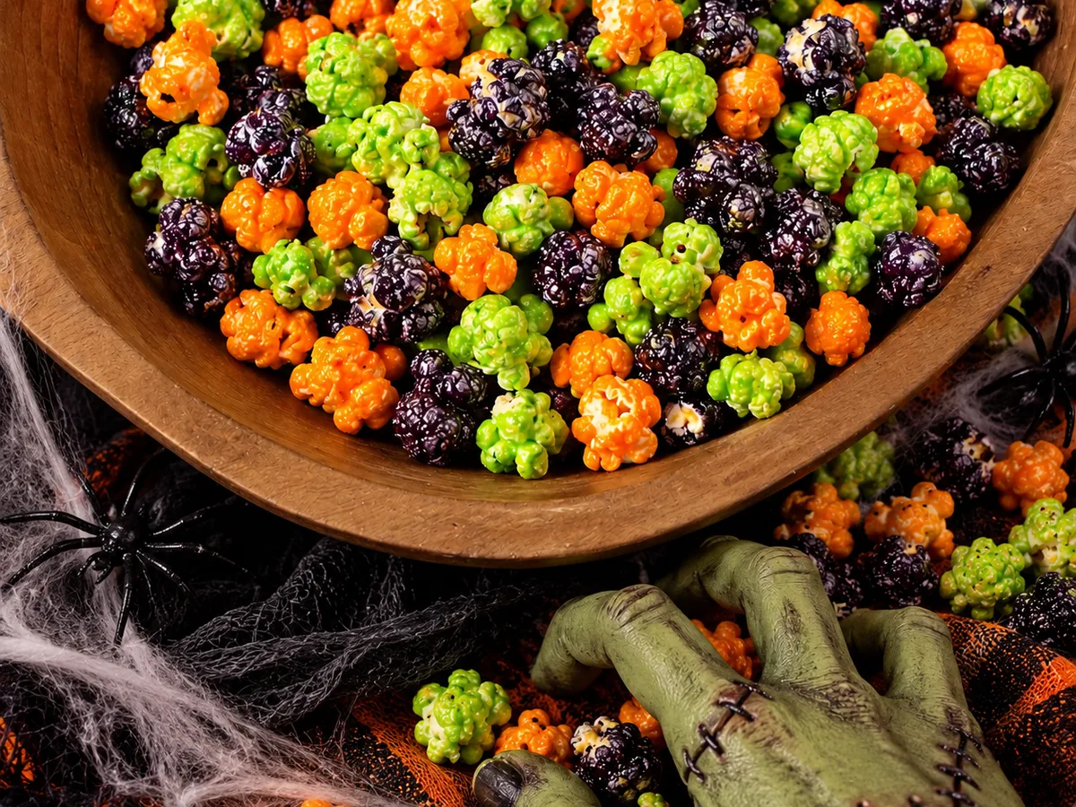 A wooden bowl of Monster Mash popcorn in green, orange and black, with a monster hand reaching in