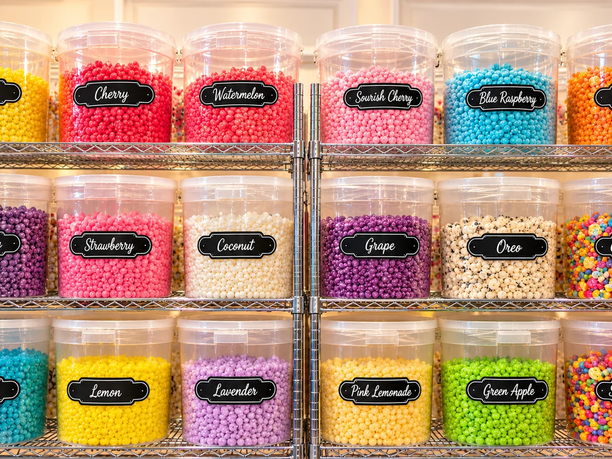 Tubs of colored popcorn lined up on the shelves at Nibblers