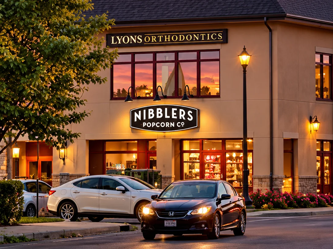 Nibblers Popcorn Co. lit up at sunset in El Dorado Hills Town Center